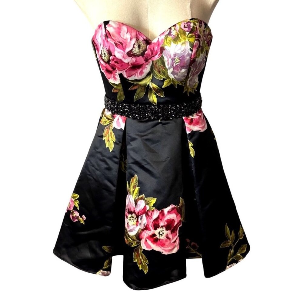Jovani Sweetheart Strapless Black Floral Fit & Flare Cocktail Party Dress Size 0